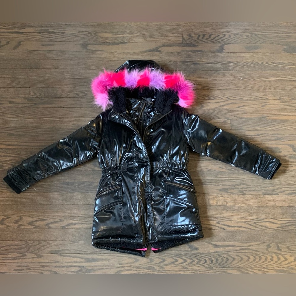 Size 7 - Appaman Shiny Black Puffer Coat with Removable Pink Fur Hood